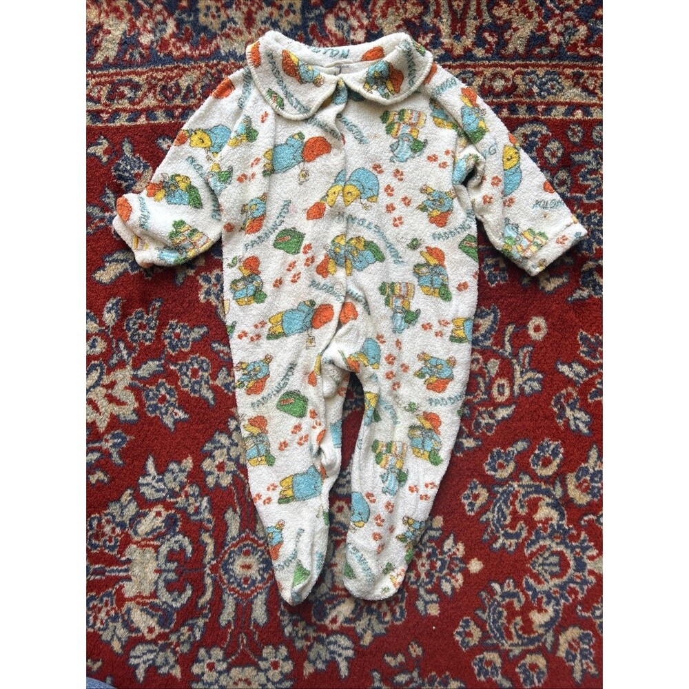 Vintage Paddington Bear terry cloth baby Footed Pajamas Sleeper 3-6 months AOP